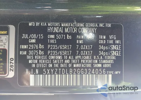 2016 Hyundai Santa Fe Sport 2.4L из США, поврежденный, VIN 5XYZTDLB2GG324056